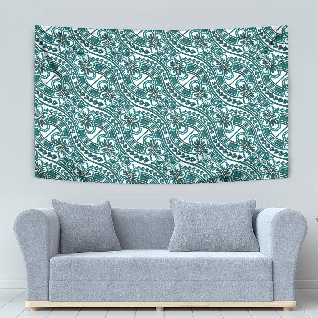 Hibiscus Bloom Island Tribal Waves Tapestry Teal Polynesian Pattern
