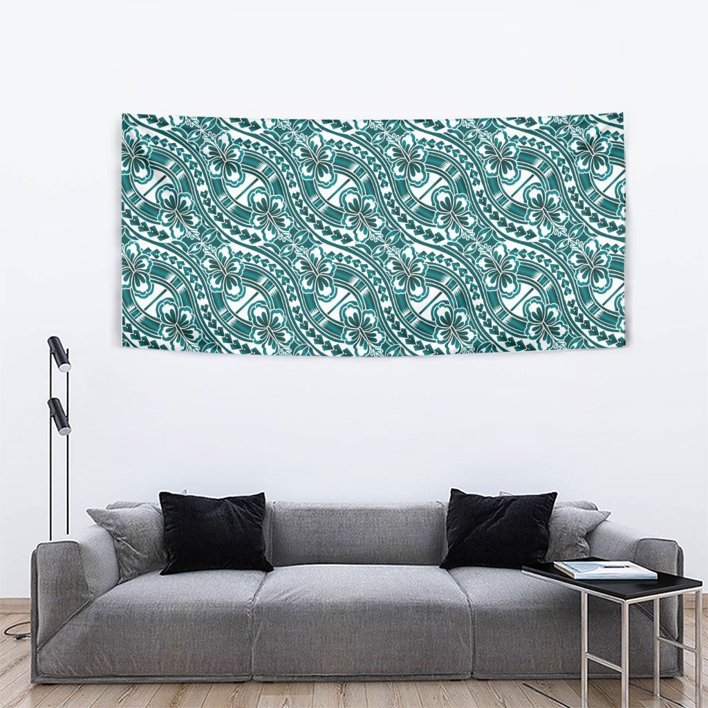 Hibiscus Bloom Island Tribal Waves Tapestry Teal Polynesian Pattern