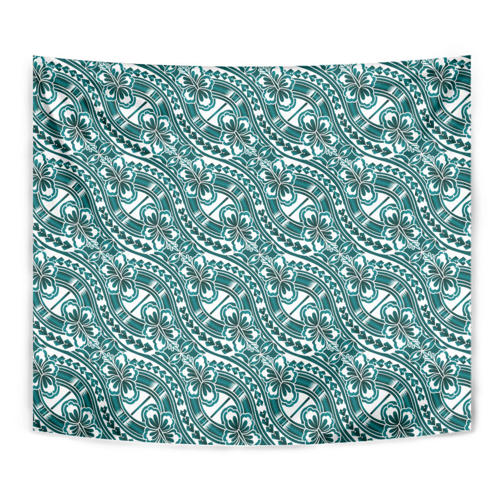 Hibiscus Bloom Island Tribal Waves Tapestry Teal Polynesian Pattern