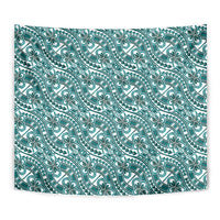 Hibiscus Bloom Island Tribal Waves Tapestry Teal Polynesian Pattern