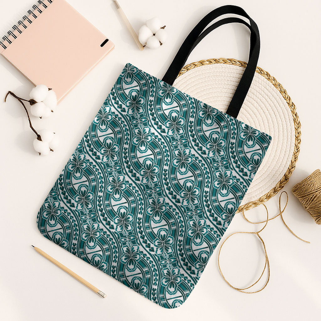 Hibiscus Bloom Island Tribal Waves Tote Bag Teal Polynesian Pattern