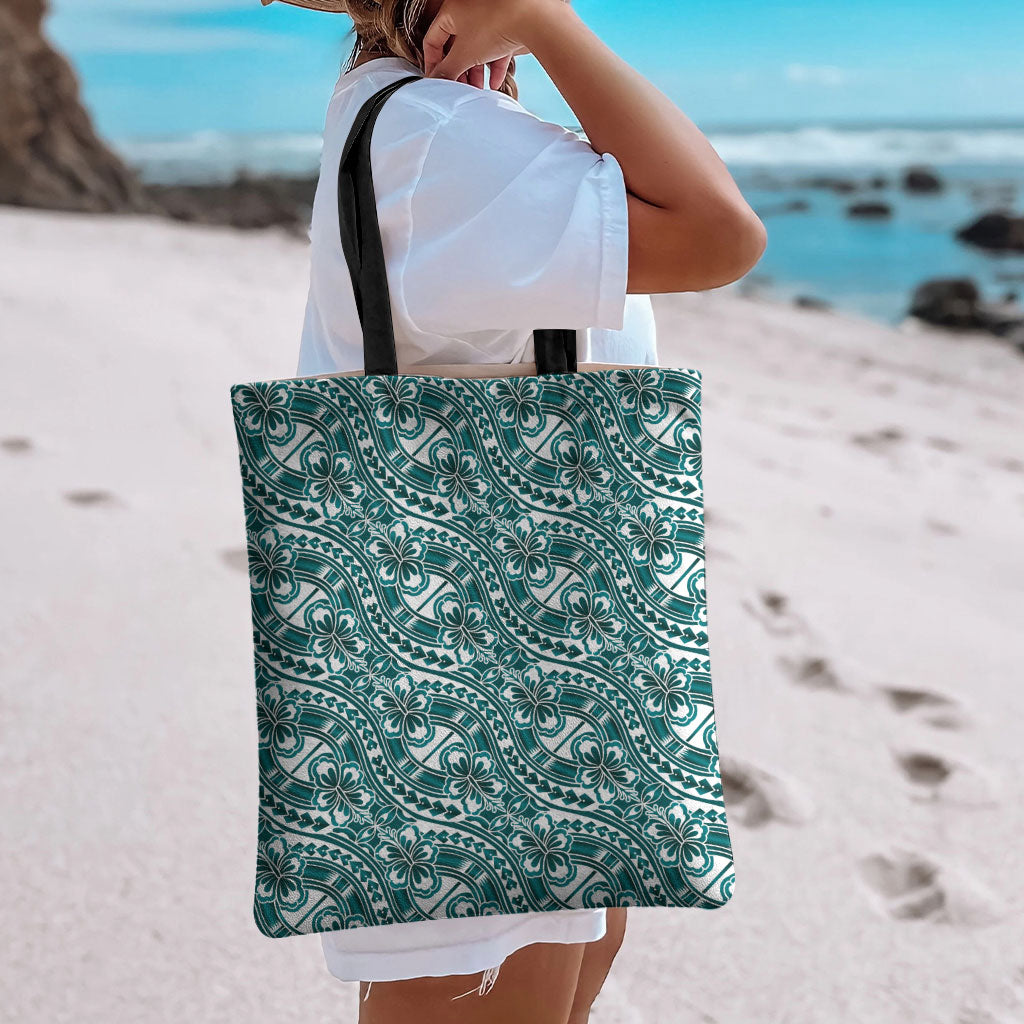 Hibiscus Bloom Island Tribal Waves Tote Bag Teal Polynesian Pattern