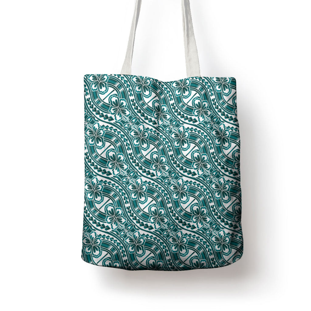 Hibiscus Bloom Island Tribal Waves Tote Bag Teal Polynesian Pattern