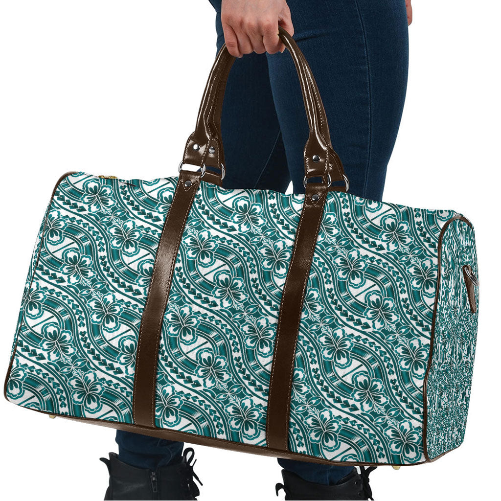 Hibiscus Bloom Island Tribal Waves Travel Bag Teal Polynesian Pattern