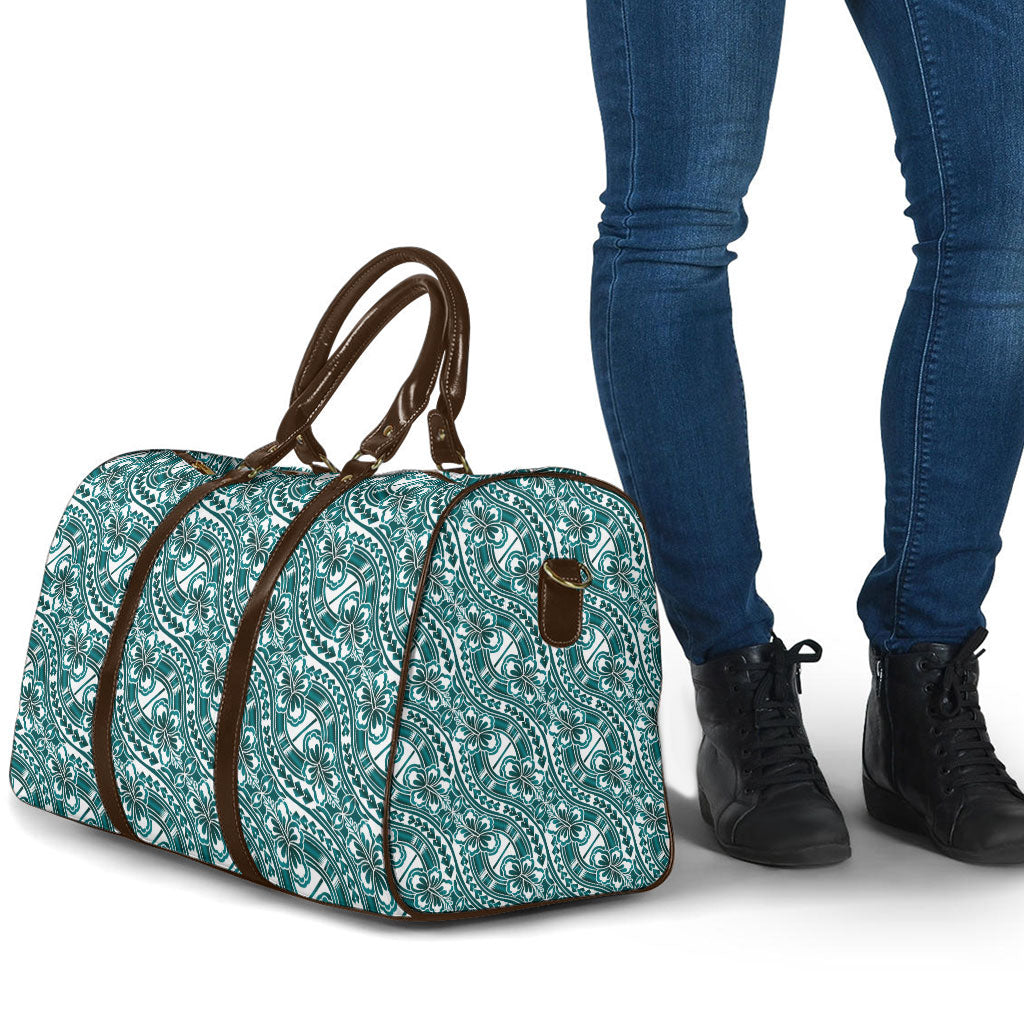 Hibiscus Bloom Island Tribal Waves Travel Bag Teal Polynesian Pattern