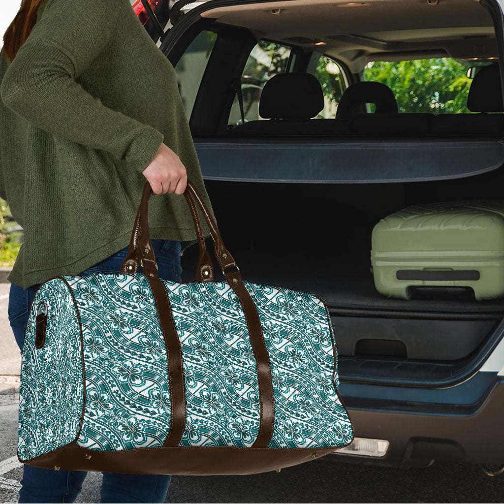 Hibiscus Bloom Island Tribal Waves Travel Bag Teal Polynesian Pattern