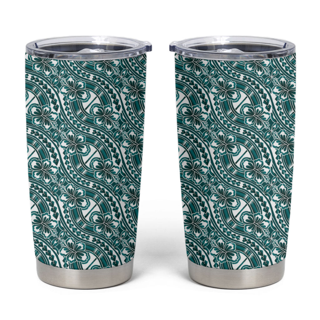 Hibiscus Bloom Island Tribal Waves Tumbler Cup Teal Polynesian Pattern