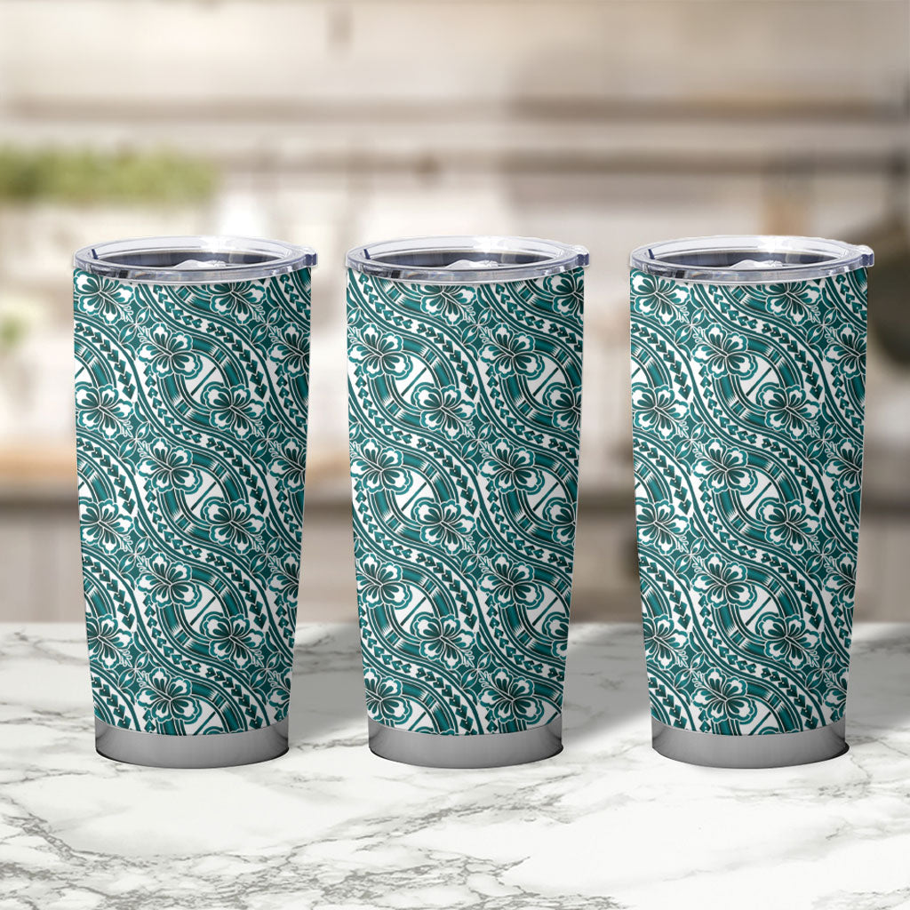 Hibiscus Bloom Island Tribal Waves Tumbler Cup Teal Polynesian Pattern