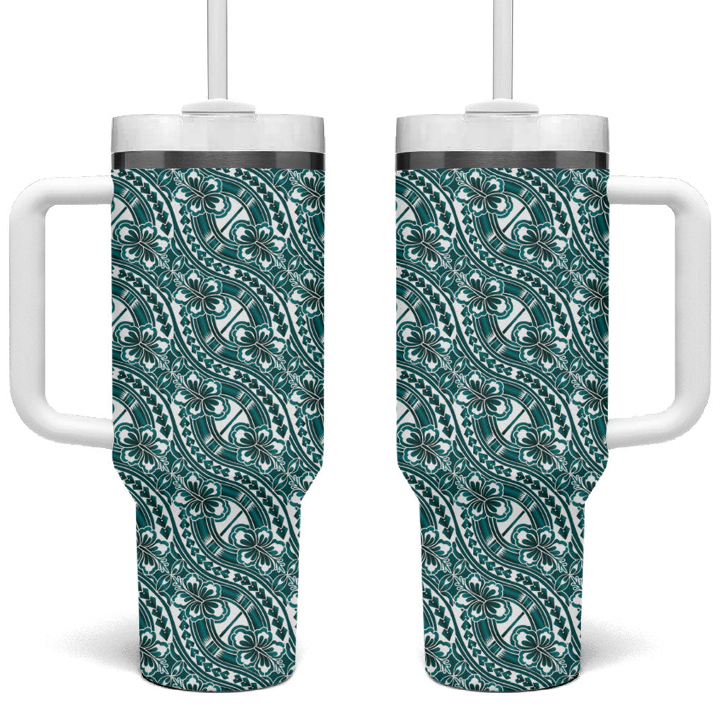Hibiscus Bloom Island Tribal Waves Tumbler With Handle Teal Polynesian Pattern