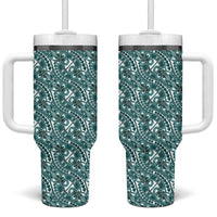 Hibiscus Bloom Island Tribal Waves Tumbler With Handle Teal Polynesian Pattern