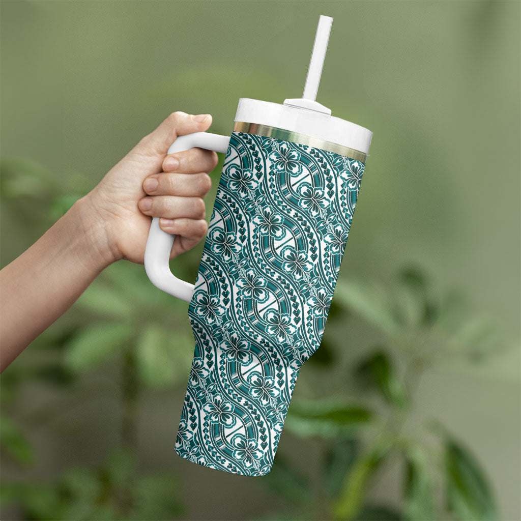 Hibiscus Bloom Island Tribal Waves Tumbler With Handle Teal Polynesian Pattern