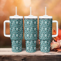 Hibiscus Bloom Island Tribal Waves Tumbler With Handle Teal Polynesian Pattern