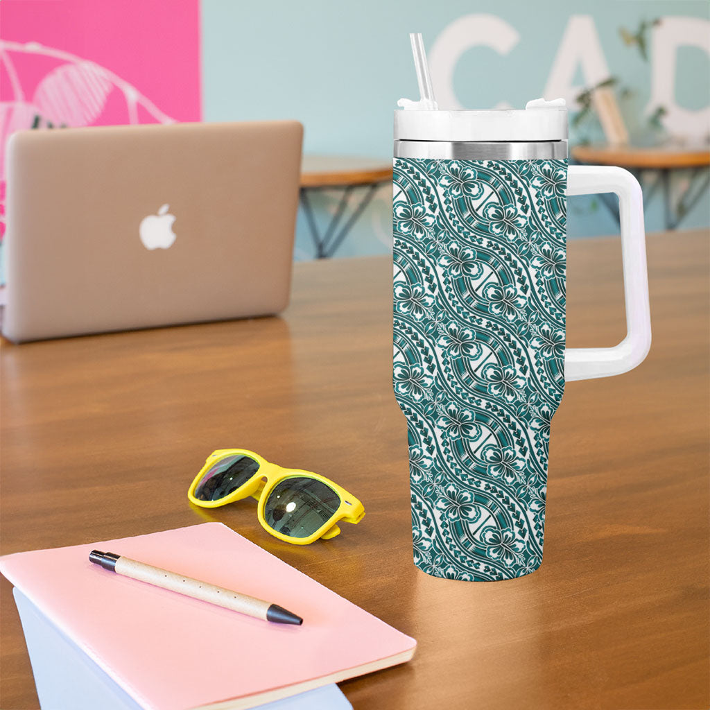 Hibiscus Bloom Island Tribal Waves Tumbler With Handle Teal Polynesian Pattern