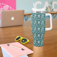 Hibiscus Bloom Island Tribal Waves Tumbler With Handle Teal Polynesian Pattern