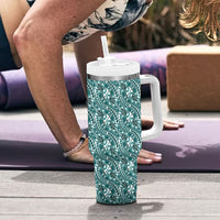 Hibiscus Bloom Island Tribal Waves Tumbler With Handle Teal Polynesian Pattern
