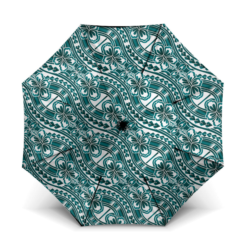 Hibiscus Bloom Island Tribal Waves Umbrella Teal Polynesian Pattern