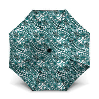 Hibiscus Bloom Island Tribal Waves Umbrella Teal Polynesian Pattern