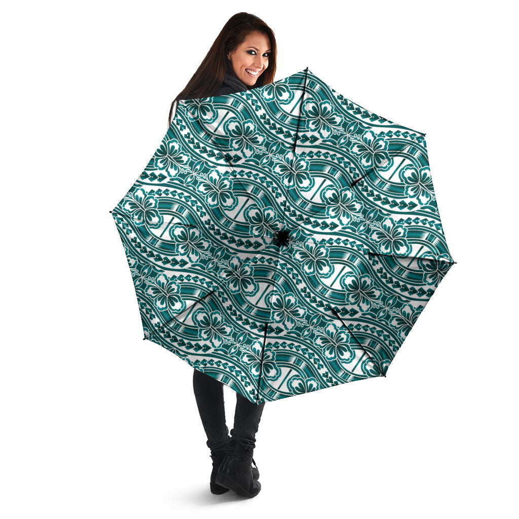 Hibiscus Bloom Island Tribal Waves Umbrella Teal Polynesian Pattern