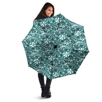 Hibiscus Bloom Island Tribal Waves Umbrella Teal Polynesian Pattern