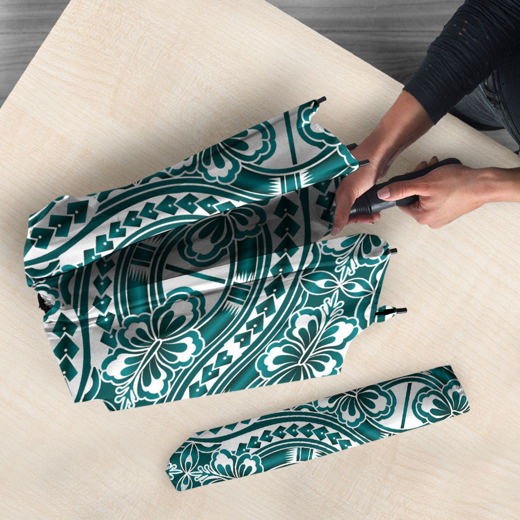 Hibiscus Bloom Island Tribal Waves Umbrella Teal Polynesian Pattern