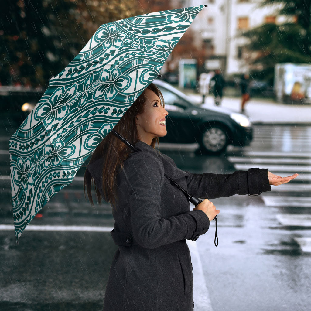 Hibiscus Bloom Island Tribal Waves Umbrella Teal Polynesian Pattern
