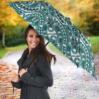 Hibiscus Bloom Island Tribal Waves Umbrella Teal Polynesian Pattern