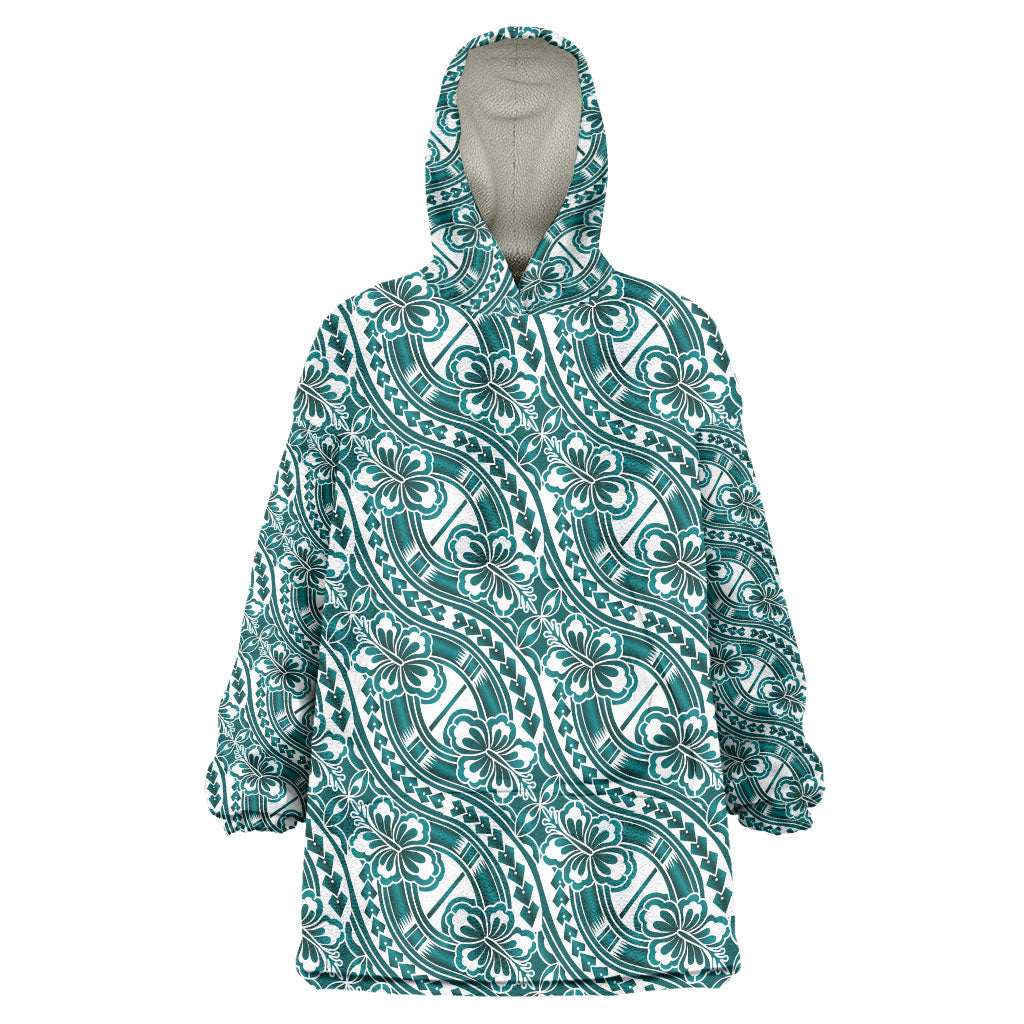 Hibiscus Bloom Island Tribal Waves Wearable Blanket Hoodie Teal Polynesian Pattern