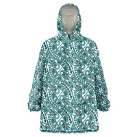 Hibiscus Bloom Island Tribal Waves Wearable Blanket Hoodie Teal Polynesian Pattern