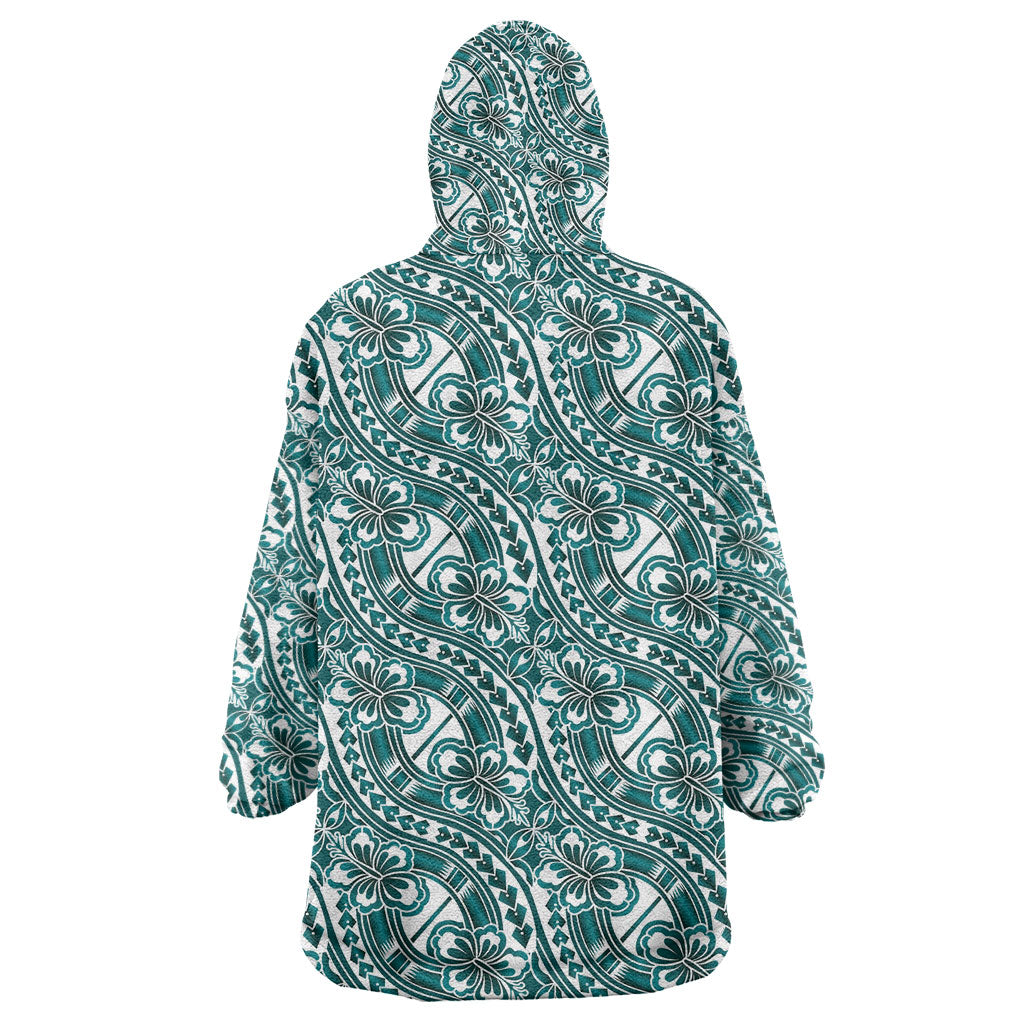 Hibiscus Bloom Island Tribal Waves Wearable Blanket Hoodie Teal Polynesian Pattern