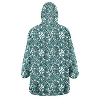 Hibiscus Bloom Island Tribal Waves Wearable Blanket Hoodie Teal Polynesian Pattern