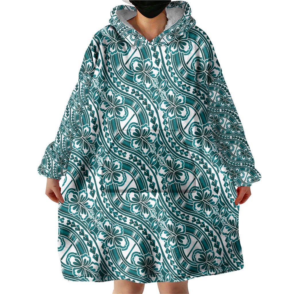 Hibiscus Bloom Island Tribal Waves Wearable Blanket Hoodie Teal Polynesian Pattern