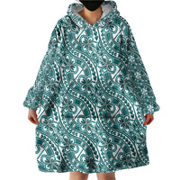 Hibiscus Bloom Island Tribal Waves Wearable Blanket Hoodie Teal Polynesian Pattern