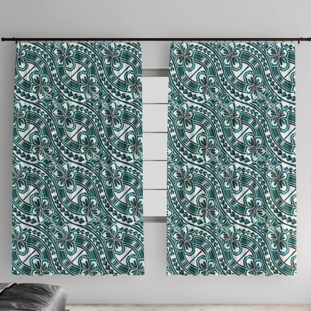 Hibiscus Bloom Island Tribal Waves Window Curtain Teal Polynesian Pattern