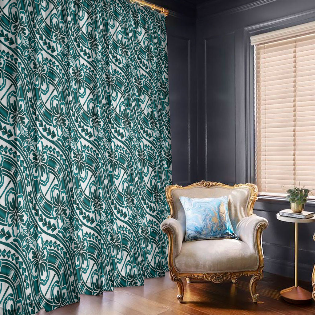 Hibiscus Bloom Island Tribal Waves Window Curtain Teal Polynesian Pattern