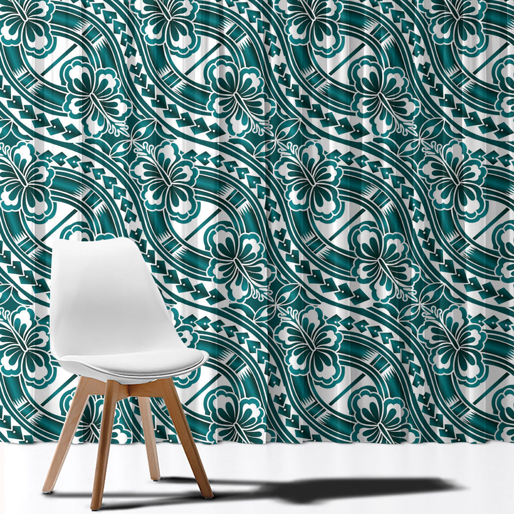 Hibiscus Bloom Island Tribal Waves Window Curtain Teal Polynesian Pattern