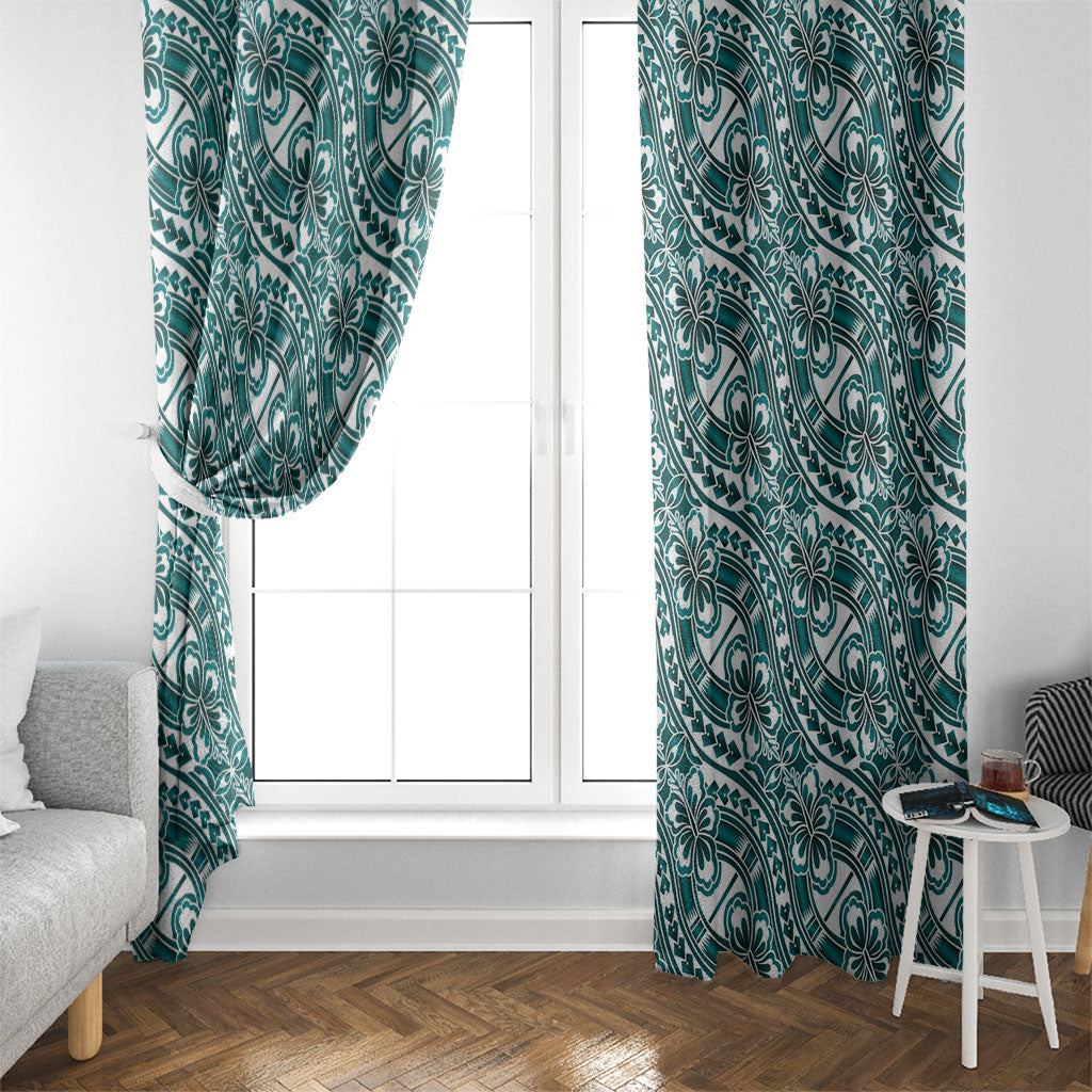 Hibiscus Bloom Island Tribal Waves Window Curtain Teal Polynesian Pattern