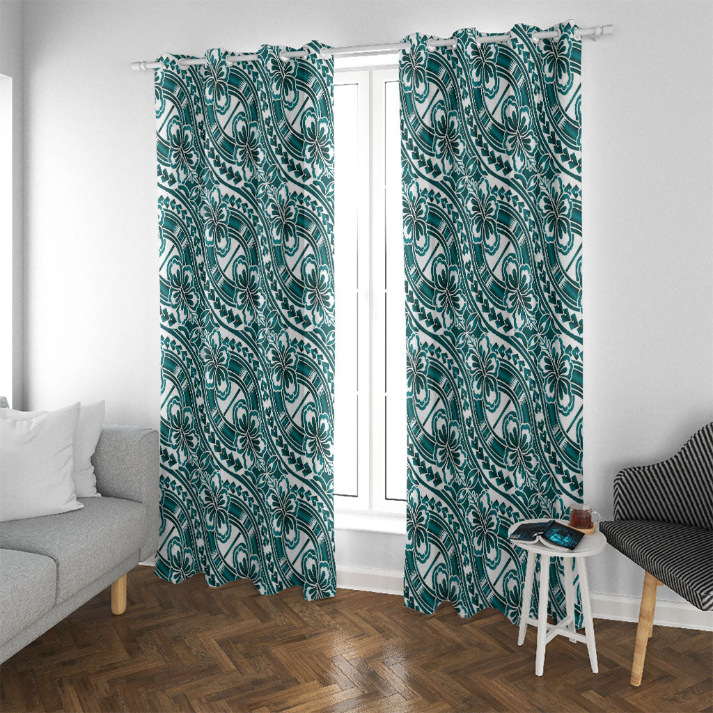 Hibiscus Bloom Island Tribal Waves Window Curtain Teal Polynesian Pattern