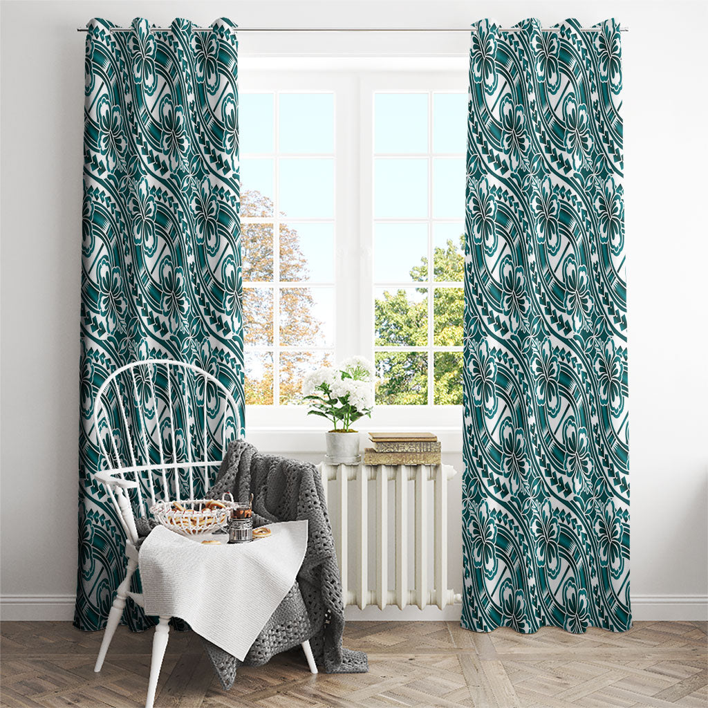Hibiscus Bloom Island Tribal Waves Window Curtain Teal Polynesian Pattern