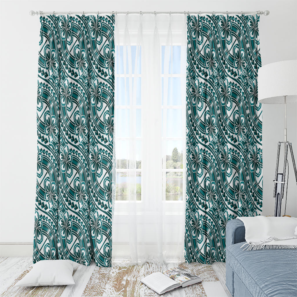 Hibiscus Bloom Island Tribal Waves Window Curtain Teal Polynesian Pattern