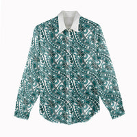Hibiscus Bloom Island Tribal Waves Women Casual Shirt Teal Polynesian Pattern