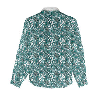 Hibiscus Bloom Island Tribal Waves Women Casual Shirt Teal Polynesian Pattern