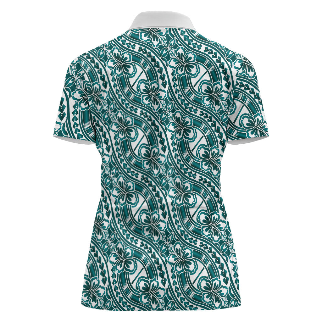 Hibiscus Bloom Island Tribal Waves Women Polo Shirt Teal Polynesian Pattern