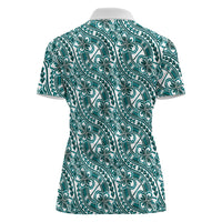 Hibiscus Bloom Island Tribal Waves Women Polo Shirt Teal Polynesian Pattern