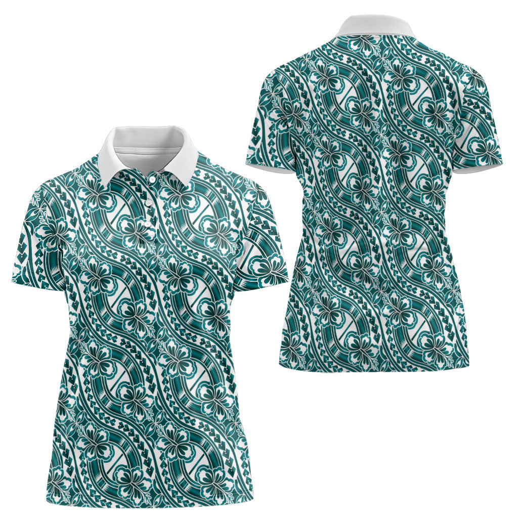 Hibiscus Bloom Island Tribal Waves Women Polo Shirt Teal Polynesian Pattern