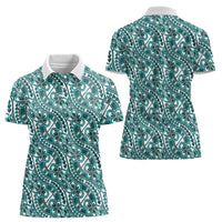 Hibiscus Bloom Island Tribal Waves Women Polo Shirt Teal Polynesian Pattern