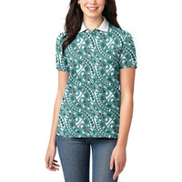 Hibiscus Bloom Island Tribal Waves Women Polo Shirt Teal Polynesian Pattern