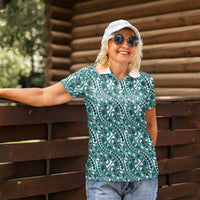 Hibiscus Bloom Island Tribal Waves Women Polo Shirt Teal Polynesian Pattern