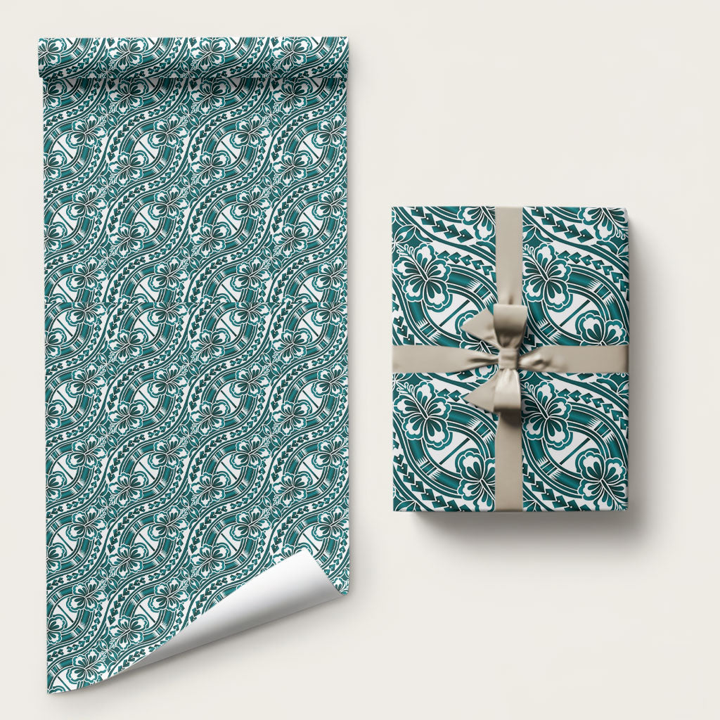 Hibiscus Bloom Island Tribal Waves Wrapping Paper Teal Polynesian Pattern