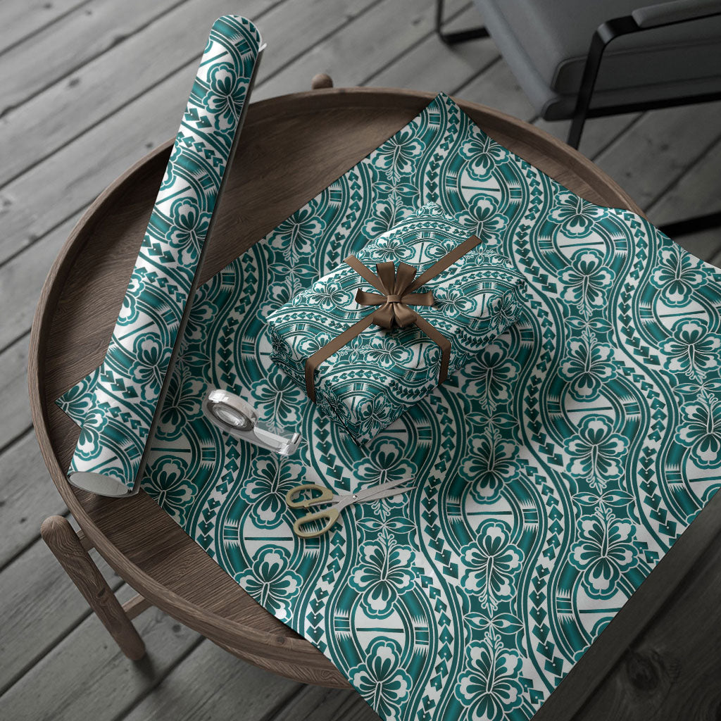 Hibiscus Bloom Island Tribal Waves Wrapping Paper Teal Polynesian Pattern