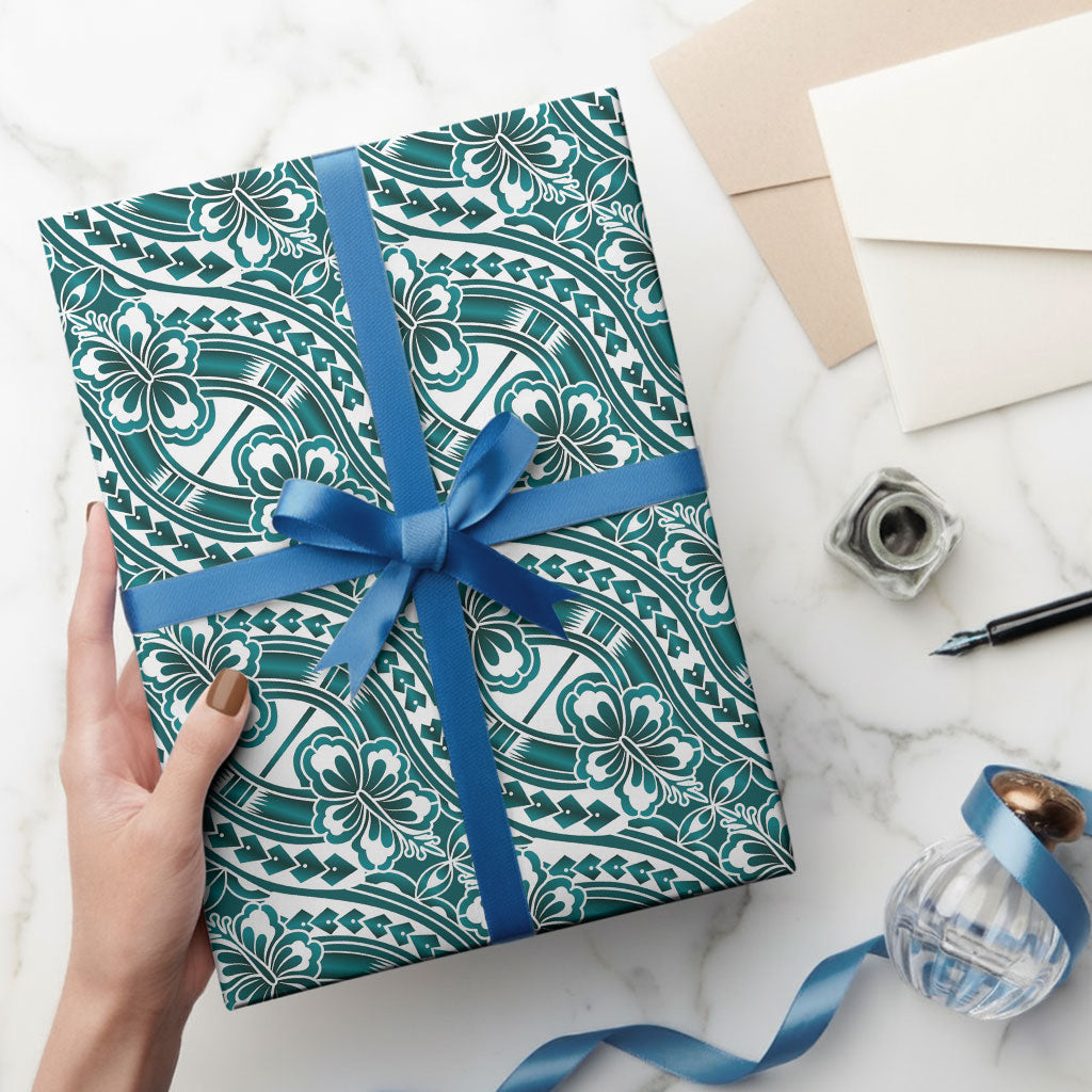 Hibiscus Bloom Island Tribal Waves Wrapping Paper Teal Polynesian Pattern